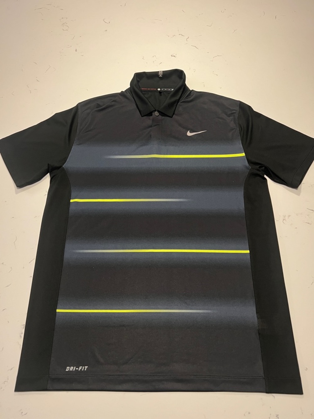 Nike Men’s Tiger Woods Black Polo with Gray Gradient and Neon Yellow Stripes Med